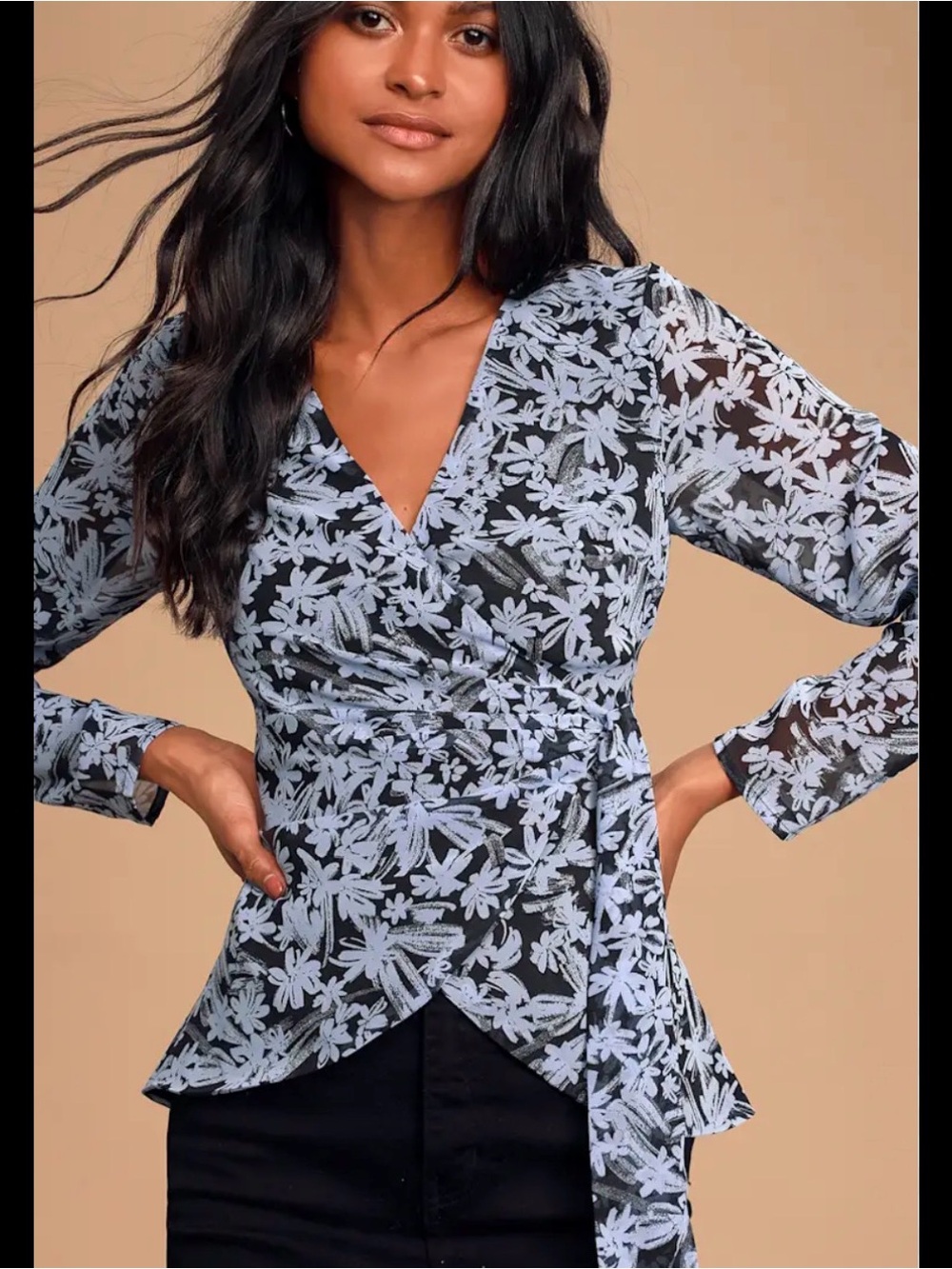 Lulu's Black Wrap Top with Light Blue Floral Overlay